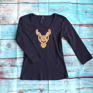 Cha Cha Vente beaded black 3/4 sleeve top